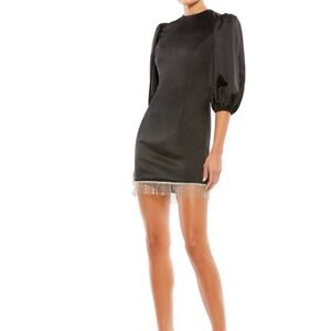 Ieena for Mac Duggal LBD with Puff Sleeves and Glistening Silver Beaded Hem